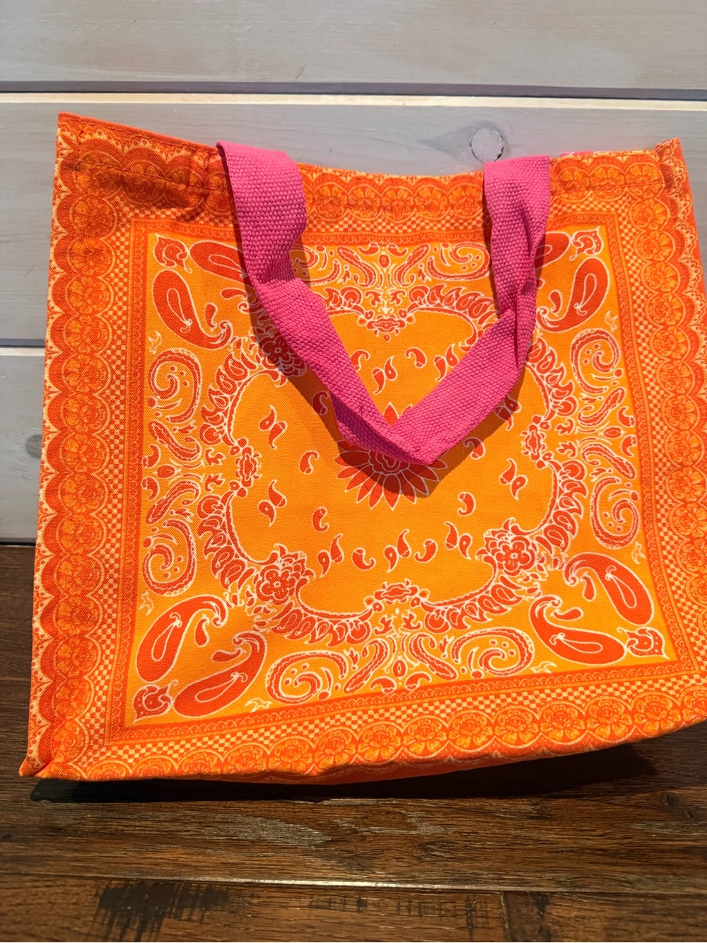 Orange Paisley Tote Bag with Pink Handles